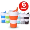 600ML Wholesale Travel Camp Foldable Silicone Water Coffee Cup with Straw Lid Custom Collapsible fold up silicone Coffee Cup