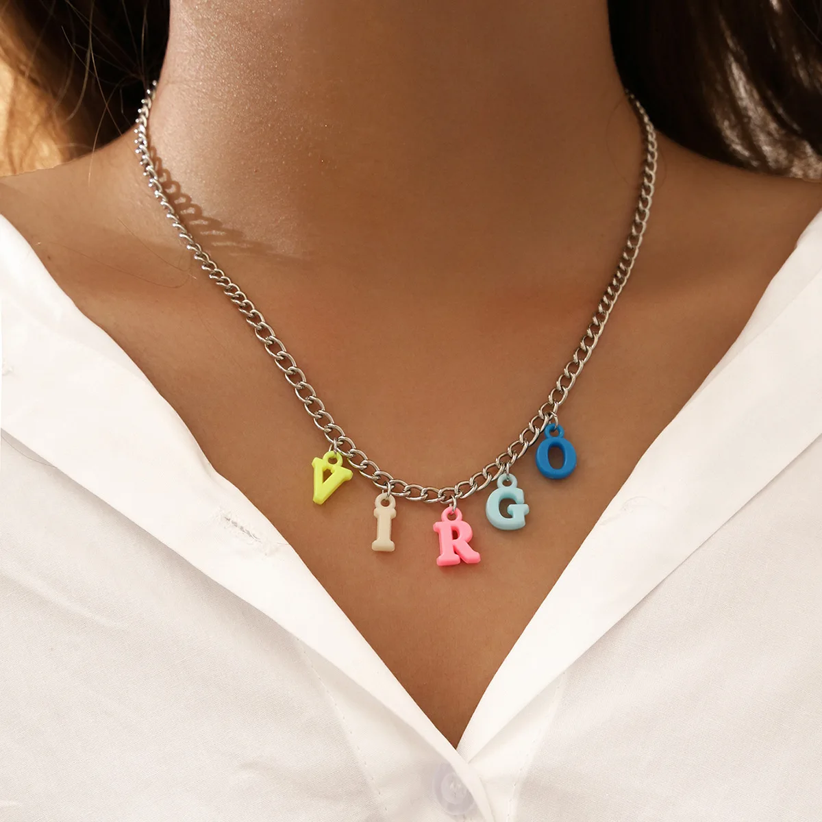 European Silver Plated Link Chain Horoscope Zodiac Signs Aries Charm Necklace Acrylic Resin Honey Sweet Initial Letter Necklace
European Silver Plated Link Chain Horoscope Zodiac Signs Aries Charm Necklace Acrylic Resin Honey Sweet Initial Letter Necklace