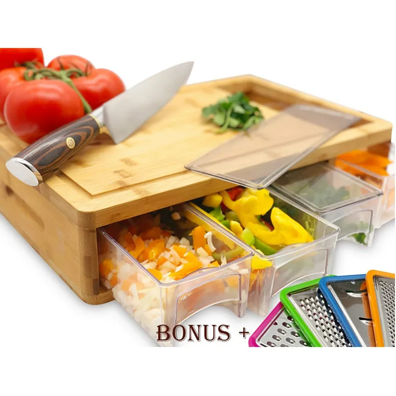 Bamboo Cutting Board with Trays and LIDS. Multi-Functional: 4 Draws can be Used as PREP Dishes or for Storage., Customized color
Bamboo Cutting Board with Trays and LIDS. Multi-Functional: 4 Draws can be Used as PREP Dishes or for Storage., Customized color