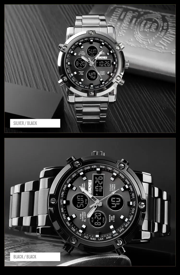Top Luxury Men Sports Watch Military Countdown 3 Time Clock Stainless Steel Waterproof Skmei 1389 Digital Quartz Men Wrist Watch