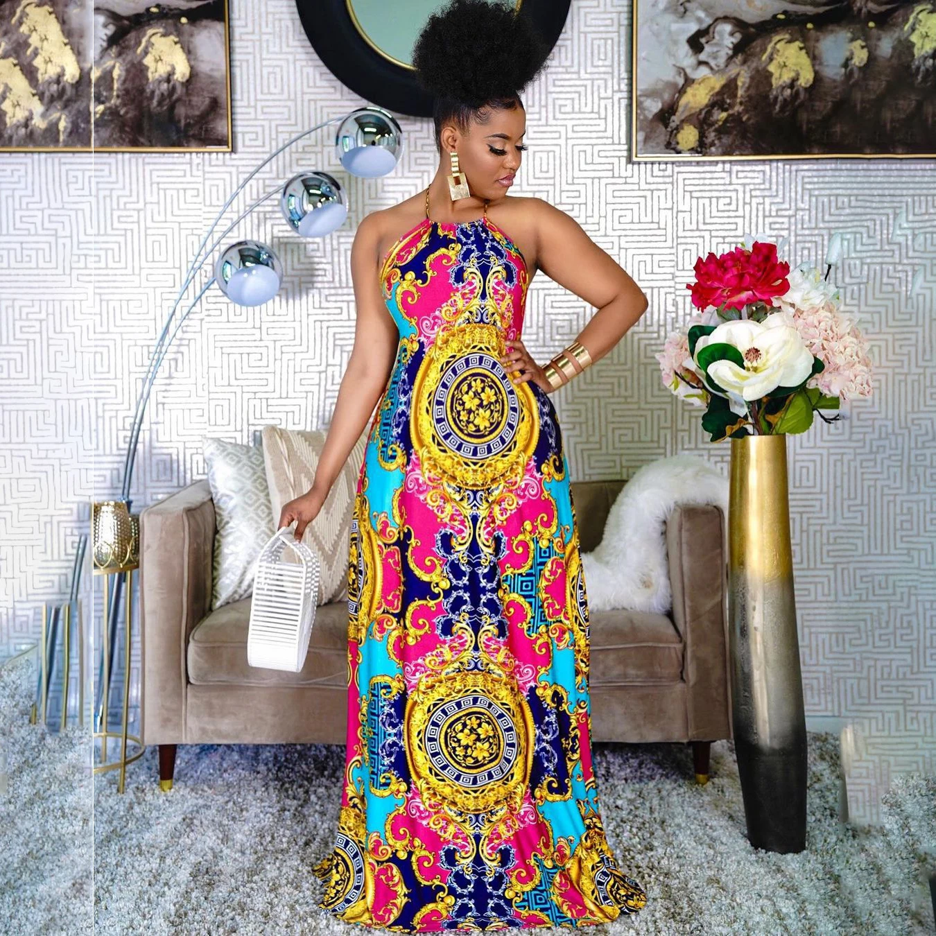 New Boho Style Printed Backless Maxi Summer Dresses For Woman Halter Bohemian Casual Dress, Yellow
New Boho Style Printed Backless Maxi Summer Dresses For Woman Halter Bohemian Casual Dress, Yellow