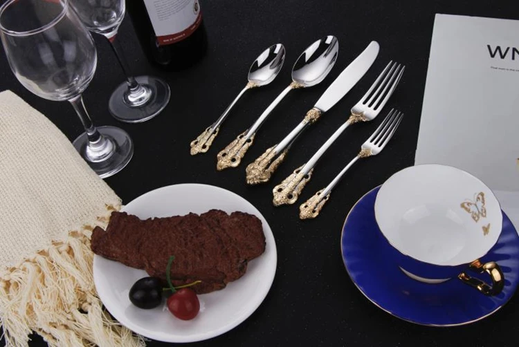 Luxury 24 Piece Gold and Sliver Stainless Steel Cutlery Set with spoon knife fork For GIft Weeding Party