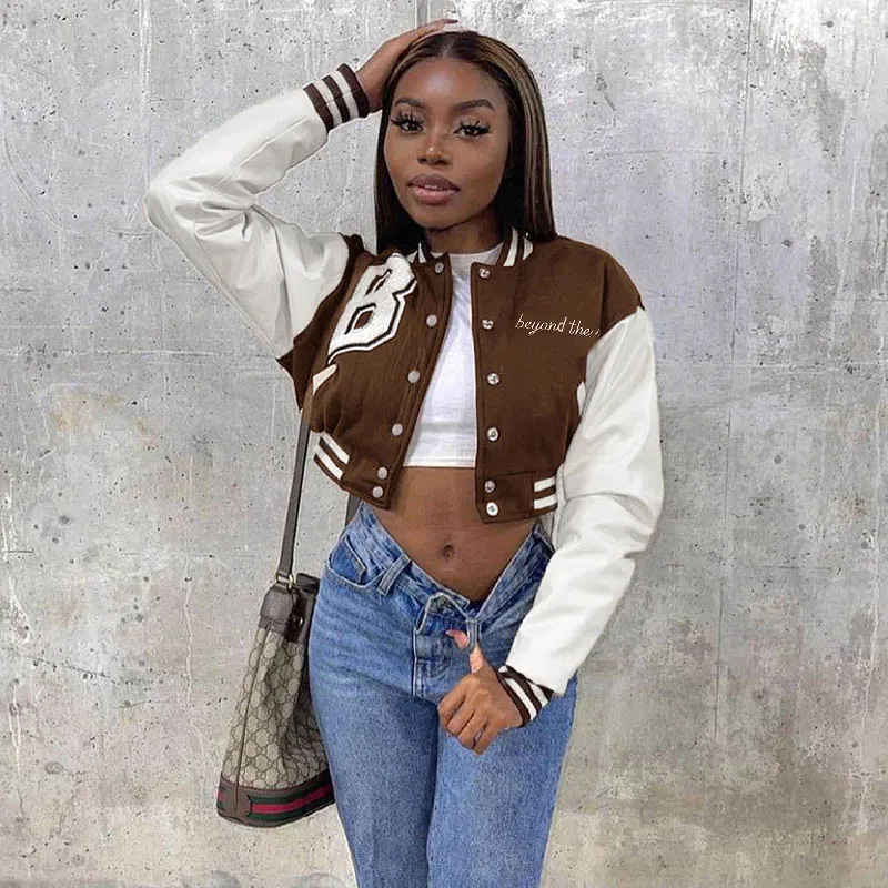 trendy outdoor leather sleeve motorcycle women crop coat letterman varsity bomber jacket, Red, brown
trendy outdoor leather sleeve motorcycle women crop coat letterman varsity bomber jacket, Red, brown