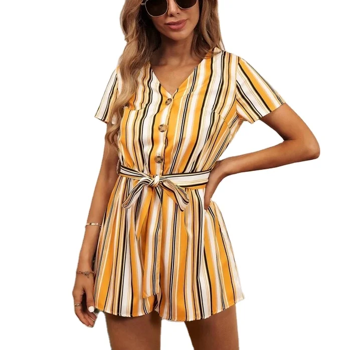 Quality Guarantee Shorts With Striped V-Neck Front Button Belted Waist Jumpsuit
Quality Guarantee Shorts With Striped V-Neck Front Button Belted Waist Jumpsuit