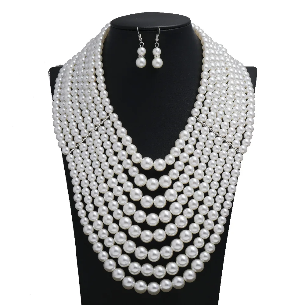 

Multilayer Faux Pearls Flapper Beads Cluster Statement Long Choker Necklace Collar and Earrings Set