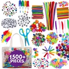 Kids Arts and Craft Supplies- DIY Projects Pipe Cleaners Pom Poms Feather Popsicle Sticks Buttons Sequins Craft Materials