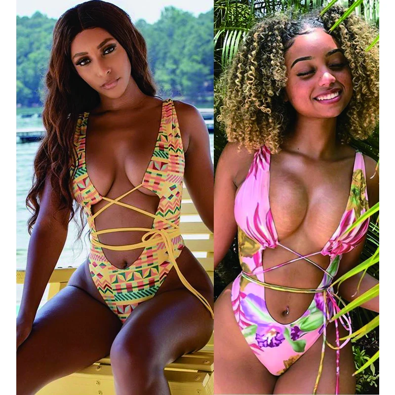 

Free Shipping Floral Print Bandage String Thong High Cut Monokini one Piece Swimsuit For Women Swim Wear Bikini Beachwear