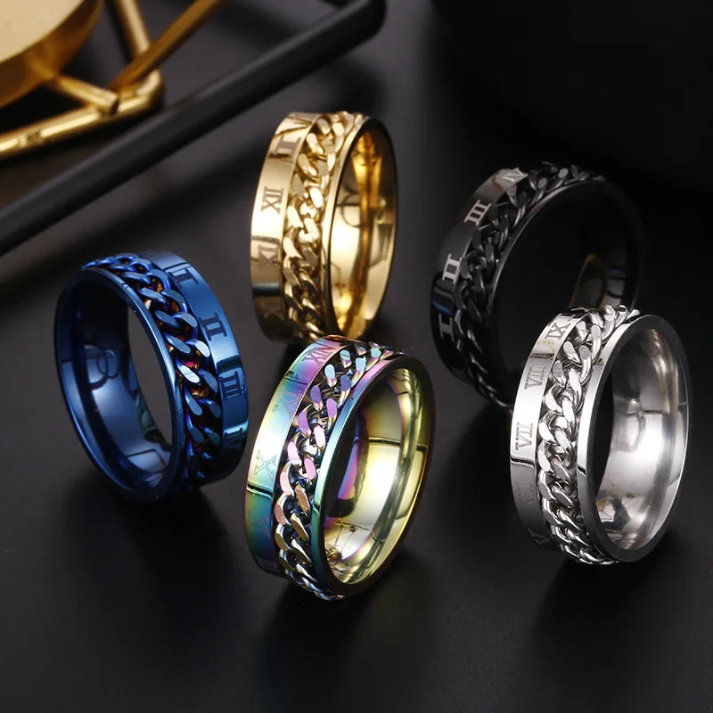 Creative Wholesale Roman Number Titanium Steel Ring Five Colors Rotatable Chain Link Chain Rings
Creative Wholesale Roman Number Titanium Steel Ring Five Colors Rotatable Chain Link Chain Rings