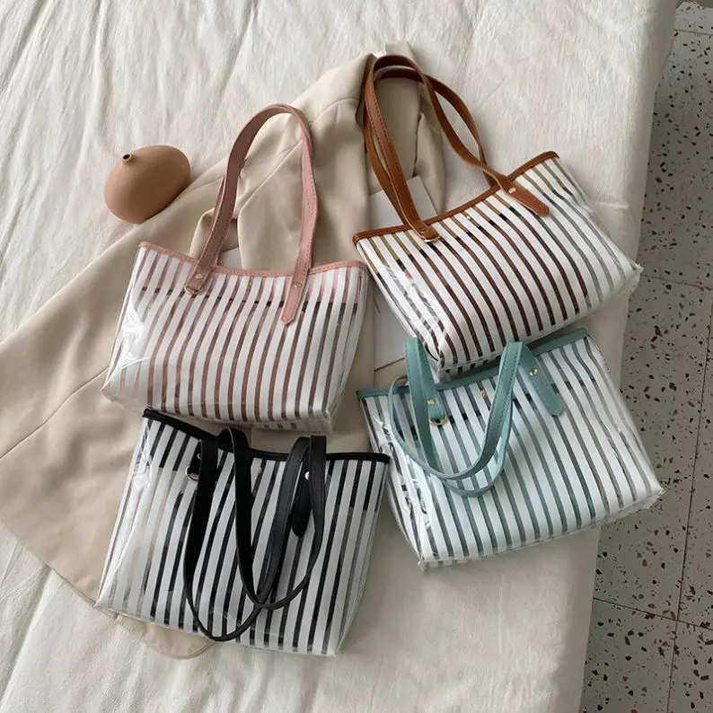 Factory Wholesale Handbags pvc transparent striped jelly bags High capacity shopping tote women handbags set and bags
Factory Wholesale Handbags pvc transparent striped jelly bags High capacity shopping tote women handbags set and bags