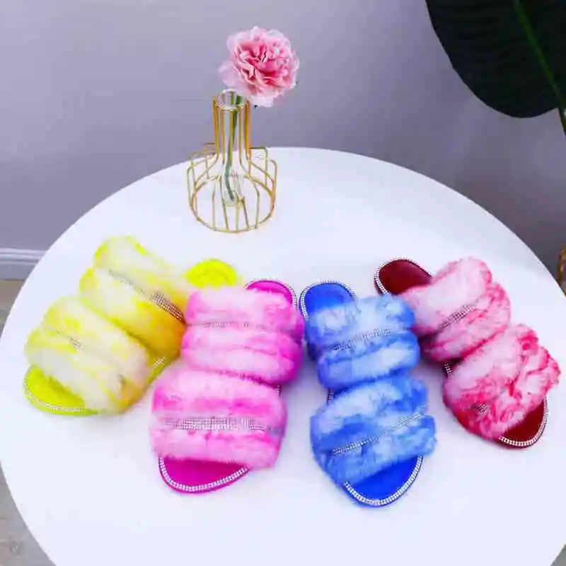 2021 chic new fashion rhinestone tie dye fur slipper double strap slides for ladies flat plush sandals pantufla, Customize
2021 chic new fashion rhinestone tie dye fur slipper double strap slides for ladies flat plush sandals pantufla, Customize