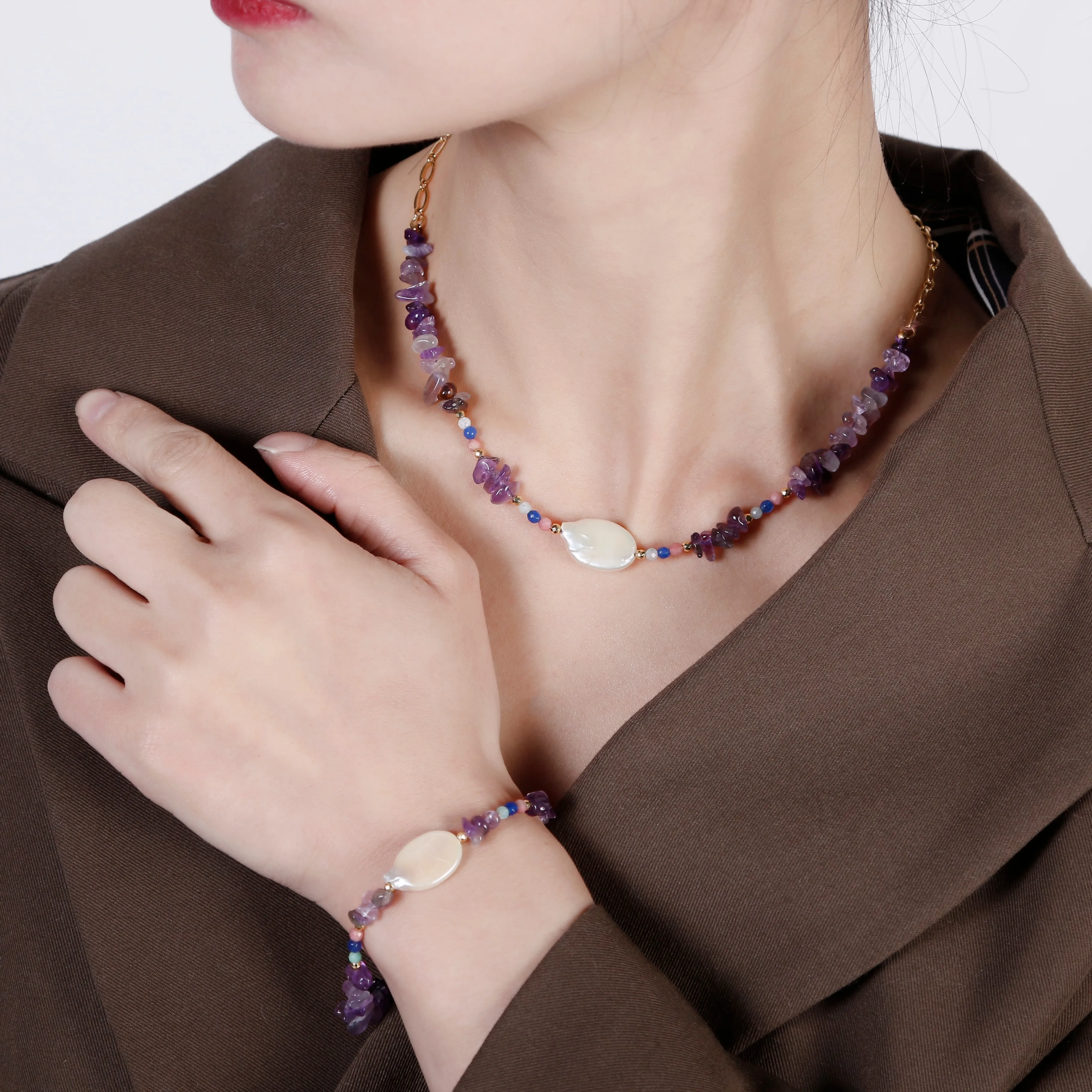 Stone Larima Tourmaline Amethyst Chip Beads Pearl Necklace Bracelets Set Trendy Handmade Natural for Women Men 1pc/opp Bag
Stone Larima Tourmaline Amethyst Chip Beads Pearl Necklace Bracelets Set Trendy Handmade Natural for Women Men 1pc/opp Bag