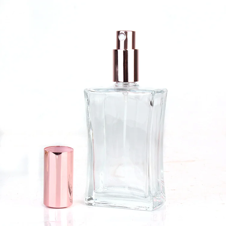 Custom Empty 100ml clear square refillable perfume oil glass spray bottle with sprayer