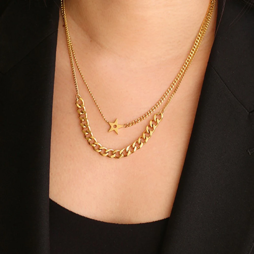 Popular Gold Plated Fashion Jewelry Stainless Steel Charm Star Cuban Chain Double Layer Necklace
Popular Gold Plated Fashion Jewelry Stainless Steel Charm Star Cuban Chain Double Layer Necklace