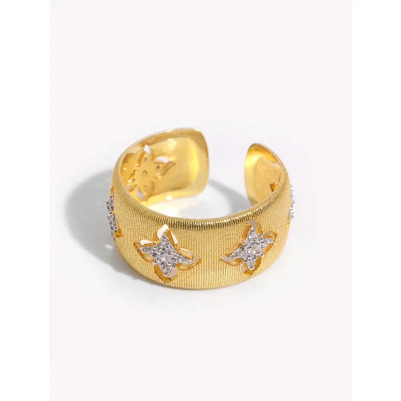

New Trendy Dainty 925 Sterling Silver Two Tone Color Gold Plated Four Leaf Clover Shape Chunky Rings Adjustable