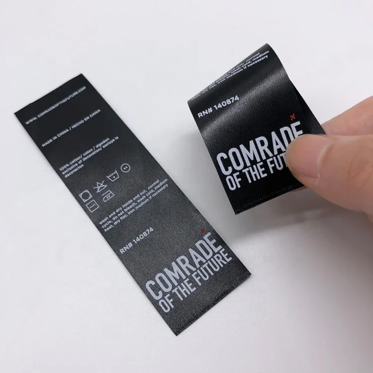 Factory Direct Supply Custom Printed Logo Clothing Black Satin Care Labels Tags with Wash Instruction
Factory Direct Supply Custom Printed Logo Clothing Black Satin Care Labels Tags with Wash Instruction