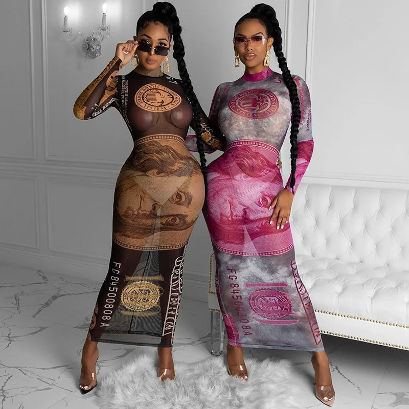 New design autumn fashion casual round neck dollar print long sleeve dresses for women, Picture show
New design autumn fashion casual round neck dollar print long sleeve dresses for women, Picture show