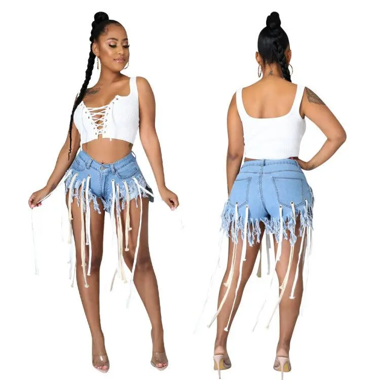 European and American fashion women's 2021 summer new product stretch fringed denim shorts, Shown
European and American fashion women's 2021 summer new product stretch fringed denim shorts, Shown