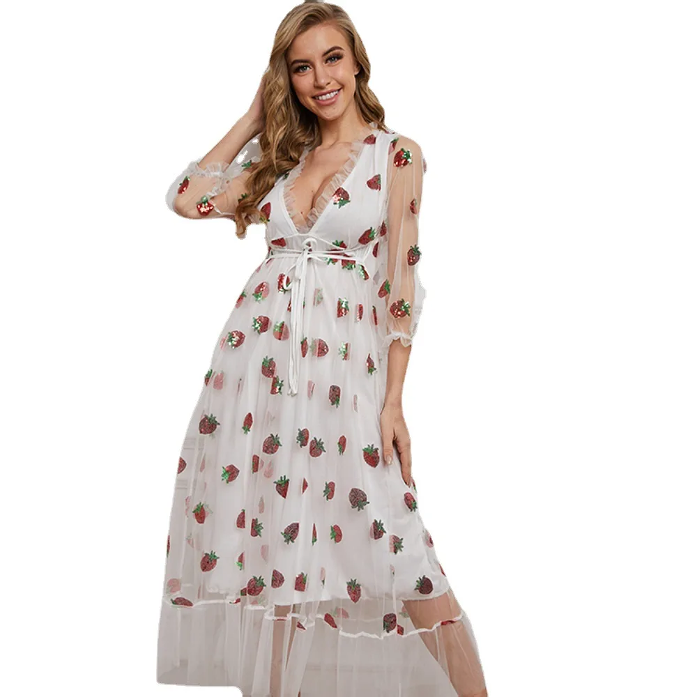 Summer Lady Elegant Sexy Sweet Black Pink Puff Bubble Sleeves V Neck Sequins Long Strawberry Dress Women
Summer Lady Elegant Sexy Sweet Black Pink Puff Bubble Sleeves V Neck Sequins Long Strawberry Dress Women