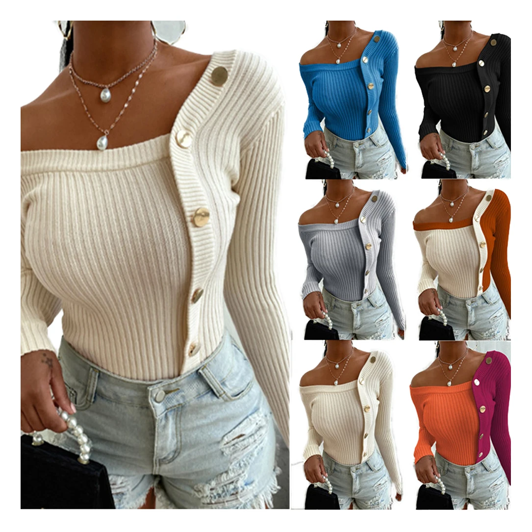 ORST20209 new winter off shoulder splice button thread blouses long sleeve tops women sweater ladies' blouses, As shown
ORST20209 new winter off shoulder splice button thread blouses long sleeve tops women sweater ladies' blouses, As shown