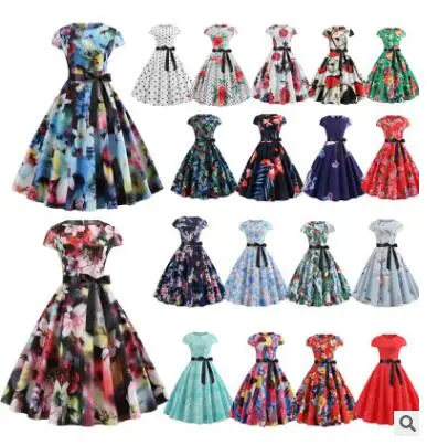 

Women Vintage Dress 2019 Summer Floral Print Short Sleeve Dresses 50s 60s Office Party Rockabilly Swing Retro Pinup Plus Size, As picture show