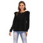 Blouse Fashion Casual Blouse Black Ruffled Trim Long Sleeve Casual Blouse Women Fashion Fall Top Blouse Shirt