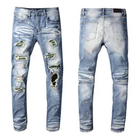 

New Italy Style #613# Men's Distressed Destroyed Pants Green Crystals Patches Painted Blue Skinny Jeans Slim Trousers Size 29-42