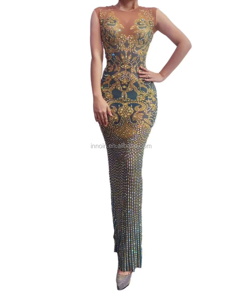 Sexy Gold Printing Mesh Long Dress Big Stretch Spandex Rhinestone Dress Women Nightclub Dance Shinning Skinny Dress
Sexy Gold Printing Mesh Long Dress Big Stretch Spandex Rhinestone Dress Women Nightclub Dance Shinning Skinny Dress
