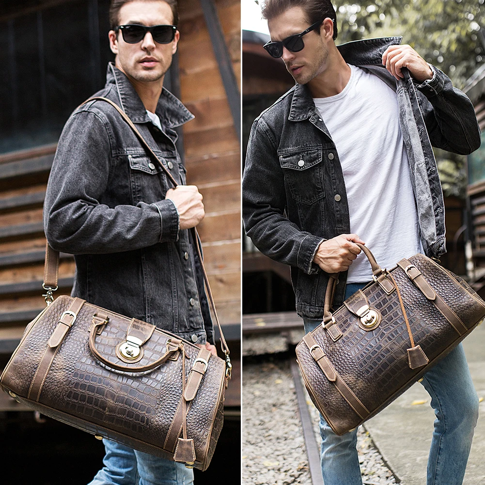 

2022 New Design Drop Shipping Extra Large Luxury Brown Duffel Bags Crocodile Pattern Genuine Leather Carry On Holdall Travel Bag