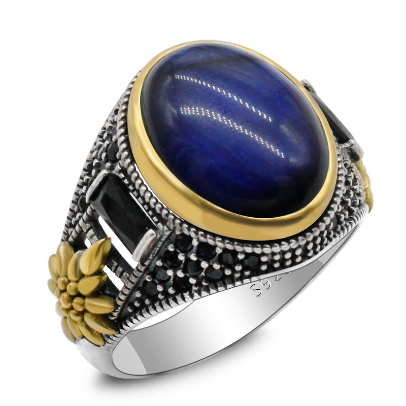 

S925 sterling silver ring inlaid with natural blue tiger eye men's ring fashion jewelry Turkey retro style ring gift