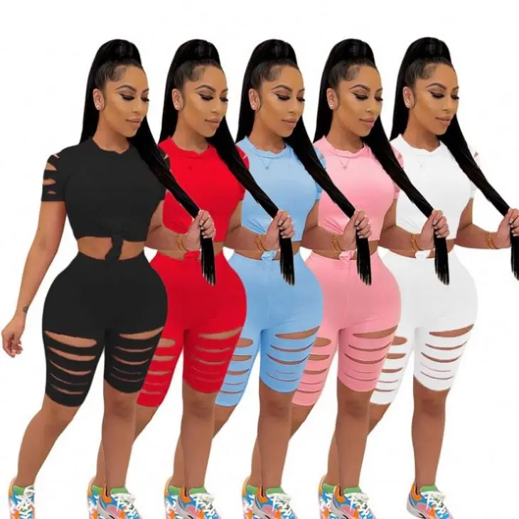 Ckfashion New Style Solid Color Ripped Women Two Piece Shorts Set Summer Women Top And Pants Set
Ckfashion New Style Solid Color Ripped Women Two Piece Shorts Set Summer Women Top And Pants Set