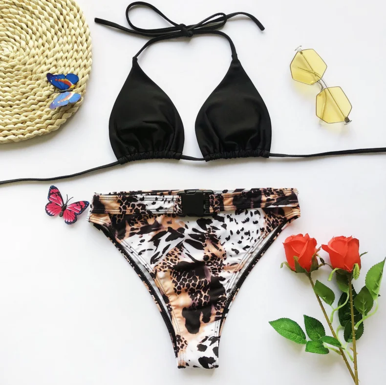 Lace Up Design Leopard Print Halter Bikini Set Black Top Triangle With