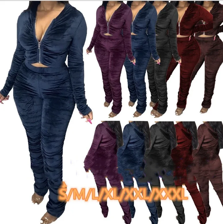 

High Stretchy 2 Piece Pants Set Women Clothing Ruffles Jogger Set Sexy V Neck Long Sleeve Crop Top Stacked Pants Two Piece Set