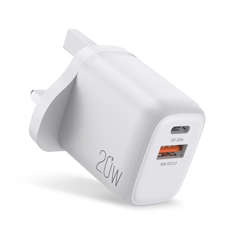 

UK Plug Dual Ports USB Type C 20w Pd with 18W QC3.0 Fast Charger For Iphone 12, White
