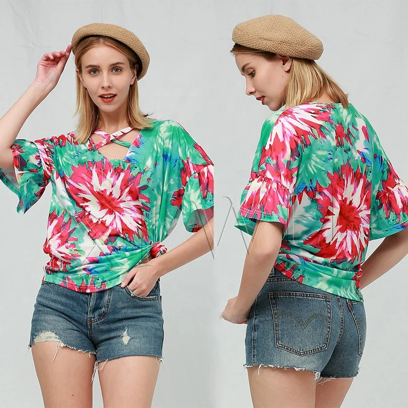 High quality wholesale factory price trumpet short sleeve cross V-neck tie dye printed women's casual T-shirt
High quality wholesale factory price trumpet short sleeve cross V-neck tie dye printed women's casual T-shirt