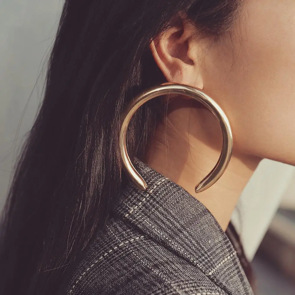 

European Punk Gold Metal Thick Tube 8CM Large Circle Statement Earring Half Crescent Moon Stud Earrings