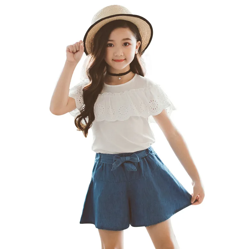 2021 Summer Dress Children Suit Summer New Korean Edition Fashion Girls Denim Skirt Two Sets Lace T-Shirt Short Sleeves, White (lace t-shirt denim suit)
2021 Summer Dress Children Suit Summer New Korean Edition Fashion Girls Denim Skirt Two Sets Lace T-Shirt Short Sleeves, White (lace t-shirt denim suit)