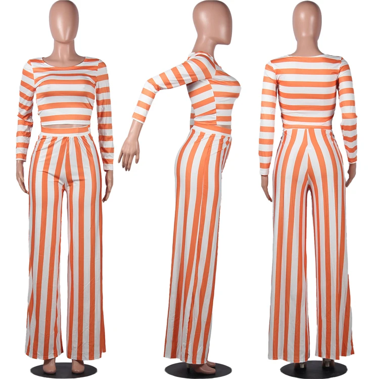 C90593 Fashion long sleeve stripe printing halter wide leg pants latest fashion woman casual two piece set