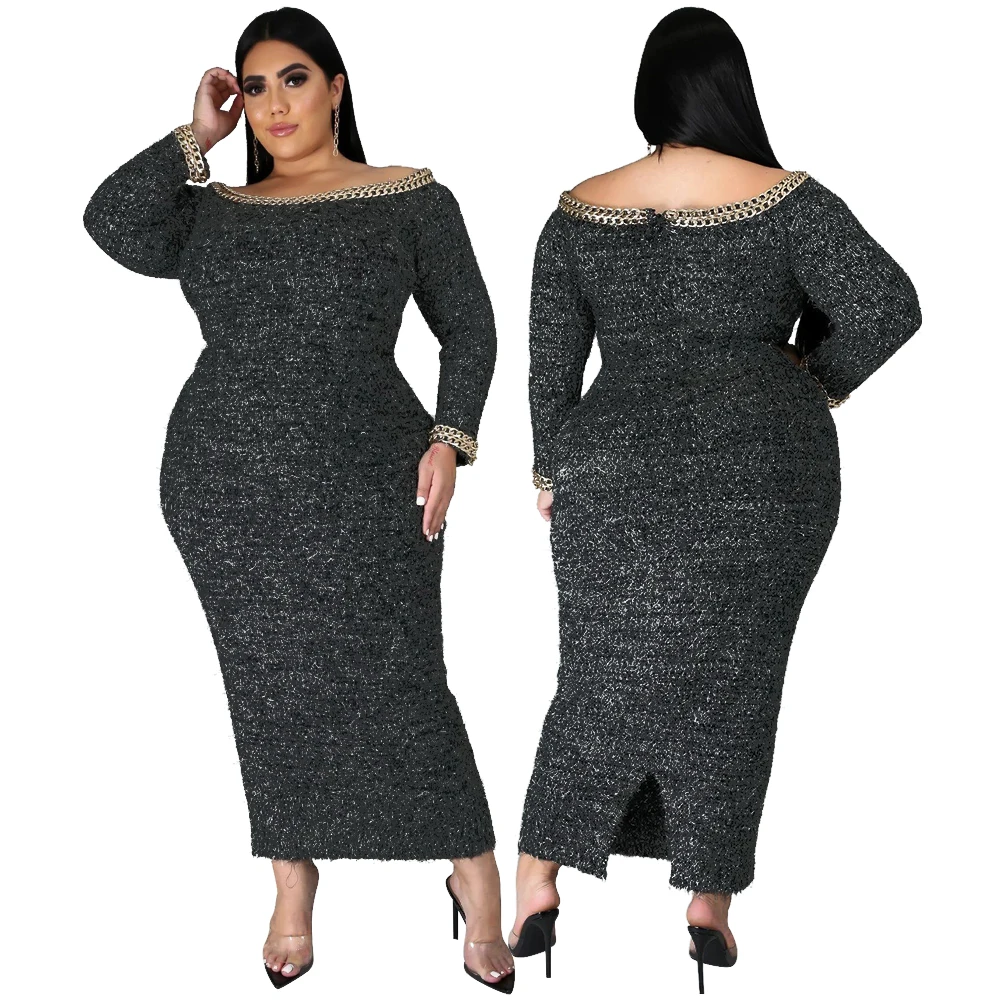 2020 autumn and winter warm wool plus size dress gold chain sexy shoulder design female large size ladies', Shown
2020 autumn and winter warm wool plus size dress gold chain sexy shoulder design female large size ladies', Shown
