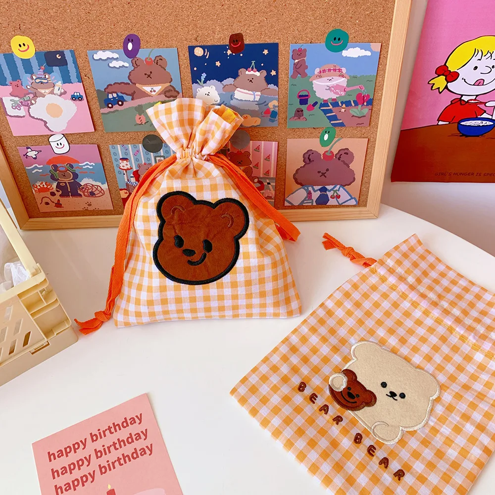 reusable cotton drawstring cosmetic bag pouch bear embroidery