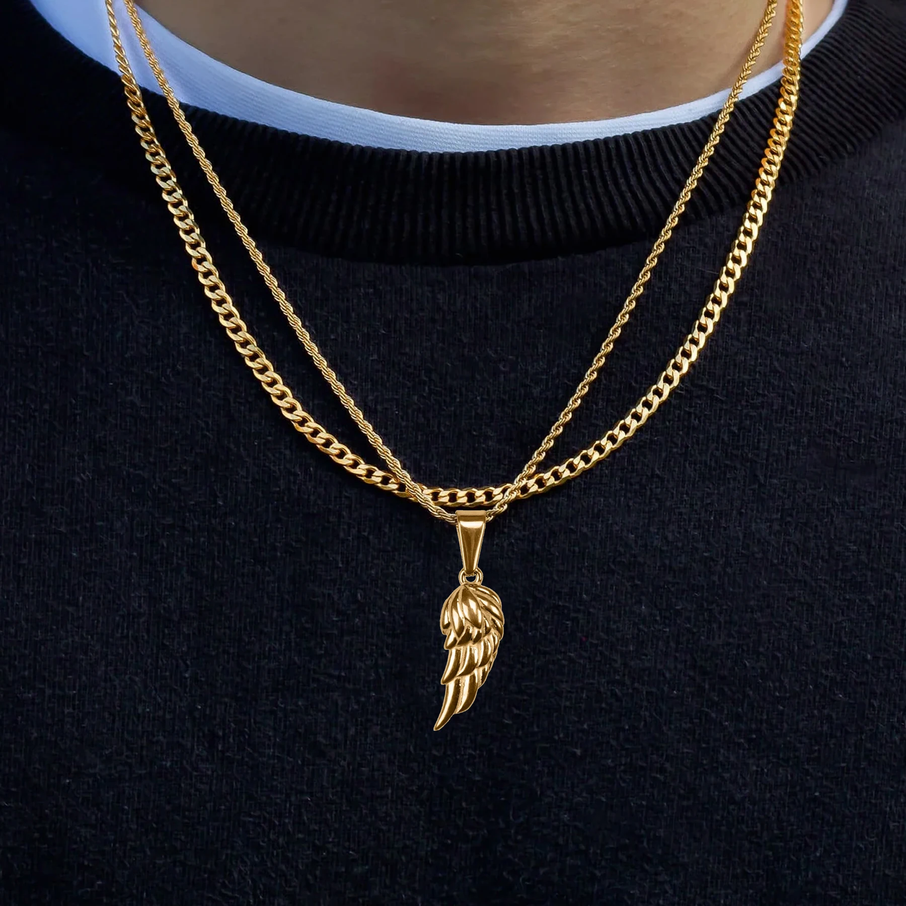 

Fashion Fine Jewelry Mens Women Angel Wing Necklaces 18k Gold Plated Custom Stainless Steel Cuban Chain Layered Necklace Set