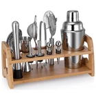 High quality wine bartender bar tool set with wooden holder stainless steel rocket cocktail shaker set bar tool