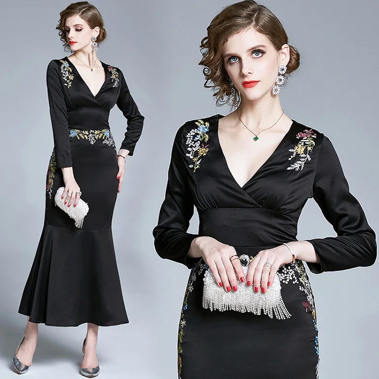 Private label Satin black fishtail floral bogycon long sleeve v-neck dresses for women casual
Private label Satin black fishtail floral bogycon long sleeve v-neck dresses for women casual