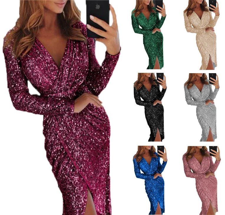 Ladies Hot Long Sleeve V-neck Glitter Sexy Dinner Party Women Luxury Clothing 2021 Dress
Ladies Hot Long Sleeve V-neck Glitter Sexy Dinner Party Women Luxury Clothing 2021 Dress
