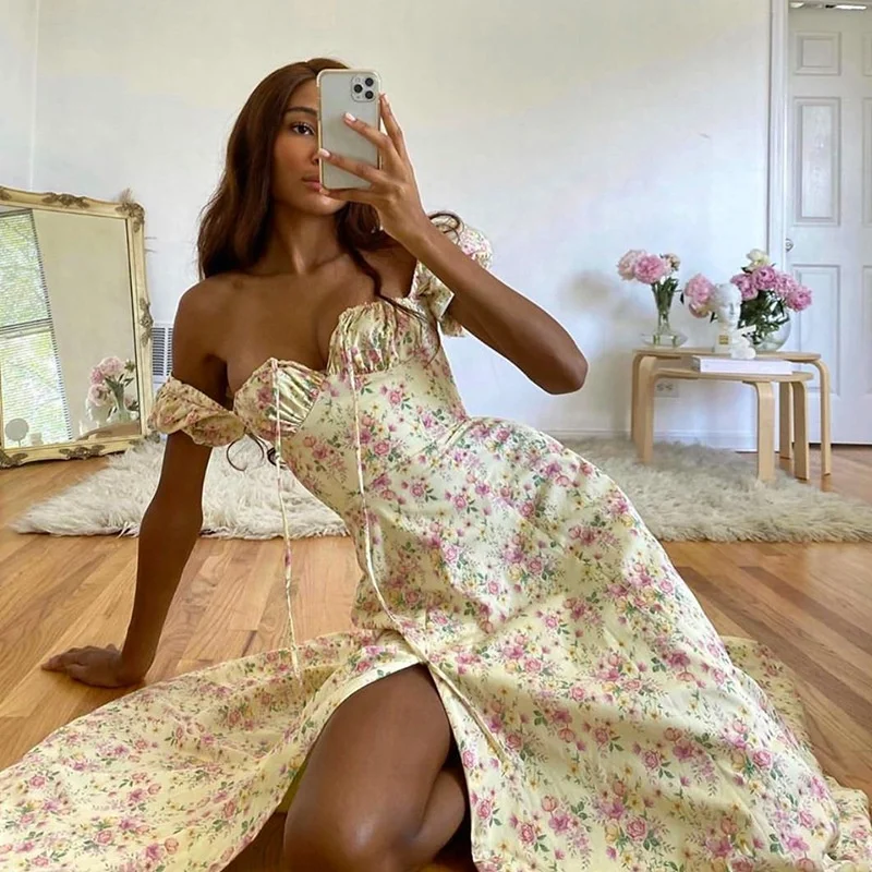 square collar short sleeve floral print women elegant party dress girls stylish side split long dresses 2021
square collar short sleeve floral print women elegant party dress girls stylish side split long dresses 2021