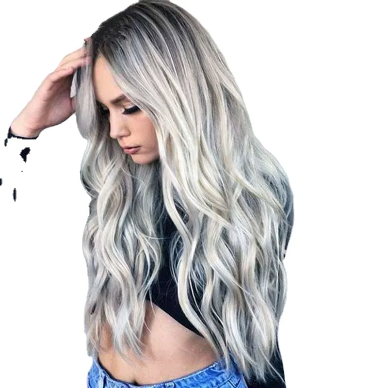 Women's fashion bleaching and dyeing mid-length curly gray gradient wigs new female chemical fiber headgear 
Women's fashion bleaching and dyeing mid-length curly gray gradient wigs new female chemical fiber headgear