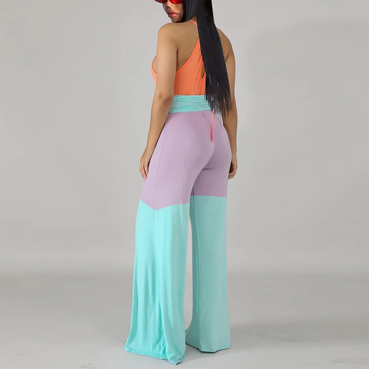 In Stock 2019 Sexy Hang Neck Design Sleeveless 3 Color Wide Leg Pants One Piece Ladies Jumpsuit