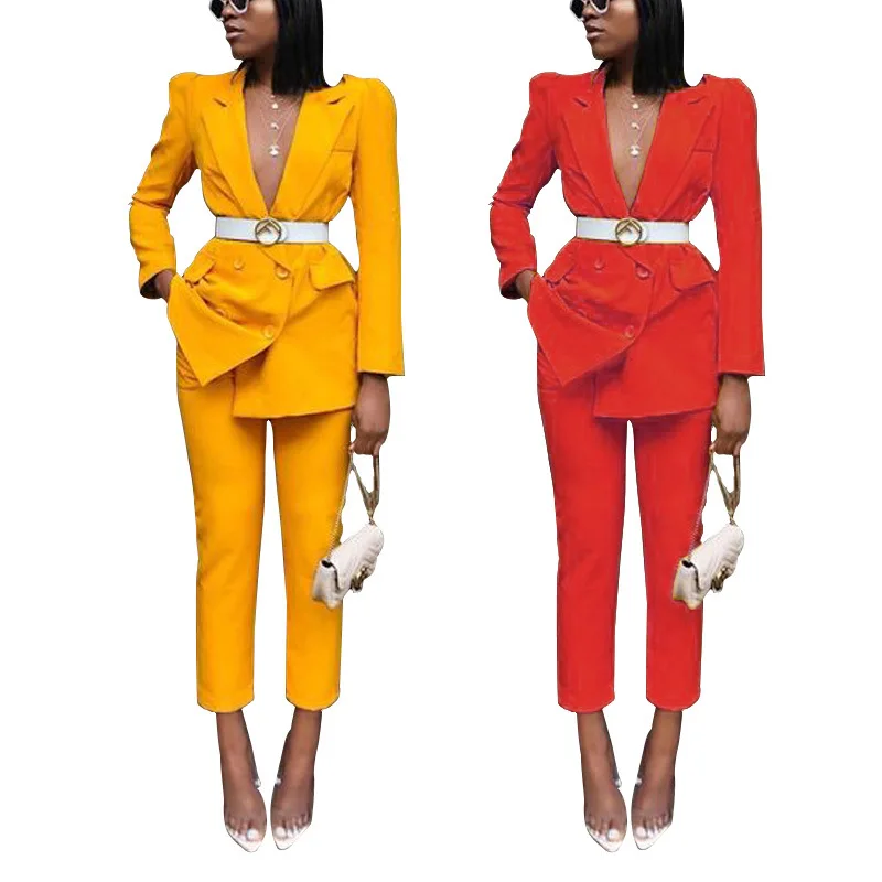 Fashion V-neck Official Long Sleeves Blazer Ladies Wear Business Two Piece Sets Solid Blazer Two Piece Work Suit for Women
Fashion V-neck Official Long Sleeves Blazer Ladies Wear Business Two Piece Sets Solid Blazer Two Piece Work Suit for Women