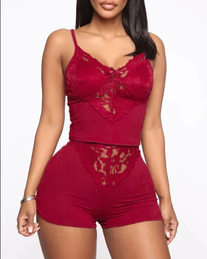 Fashionable women sexy Solid color comfort lace bowknot decor set sleepwear two piece set
Fashionable women sexy Solid color comfort lace bowknot decor set sleepwear two piece set