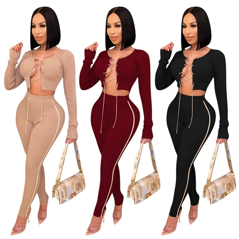Lace Up Front Ribbed Knitted Two Piece Pants Set