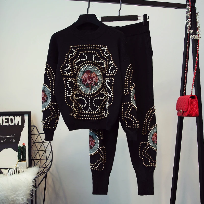 2 Piece Sweater Set Women's Casual Sport Suit Retro Embroidery Beaded Sweater Knitted Pants Woman Two Piece Outfits
2 Piece Sweater Set Women's Casual Sport Suit Retro Embroidery Beaded Sweater Knitted Pants Woman Two Piece Outfits